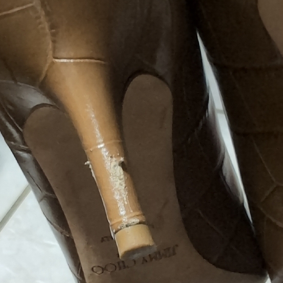 Jimmy Choo Croc-Embossed Tan Peep-Toe Heels - Picture 6 of 7